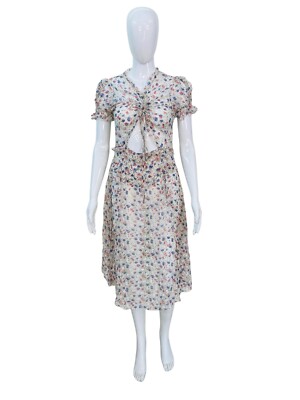 Doen Damen Midi-Kleid Kurzarm Mit Rüschen Falten Blumen Seide V-Ausschnitt S