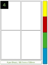 4 Labels Per Sheet. 99.1mm x 139mm Sticky Coloured Labels. 5 Colours To Choose