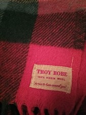Vtg Troy Robe 64x54 Black Red Plaid Virgin Wool Throw Blanket Stadium CUTTER