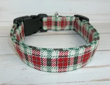 Red Green Cream Plaid Terri's Dog Collar handmade adjustable Boy Christmas