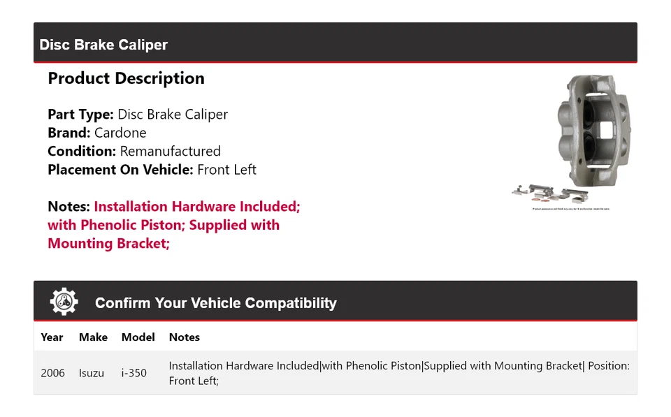 Pinza de freno de disco delantera izquierda Cardone Isuzu i-350 2006 Foto 2 de 4