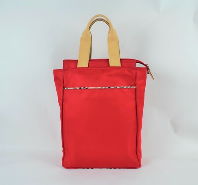 Auth Burberry Red & Brown Nylon Canvas Leather Tote Bag Hand  display picture 3
