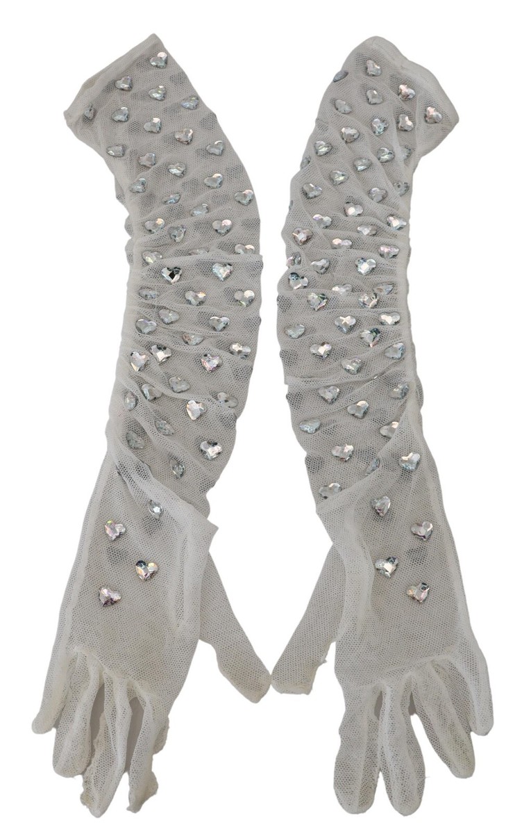 DOLCE & GABBANA Gloves Cotton Tulle White Crystal Elbow