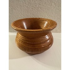 Hand Turned Wood Bowl Flared Rim Ribbed Honey Brown Grain Artisanal Decor