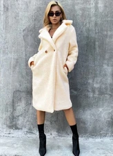 Eilly Bazar Teddy Coat Coat Double Breasted Faux Sherpa Beige Size XS NEW!!