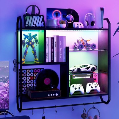 ELECWISH Gaming Floating Shelves for Wall, 34'' LED Pipe Shelf with Adjustable...