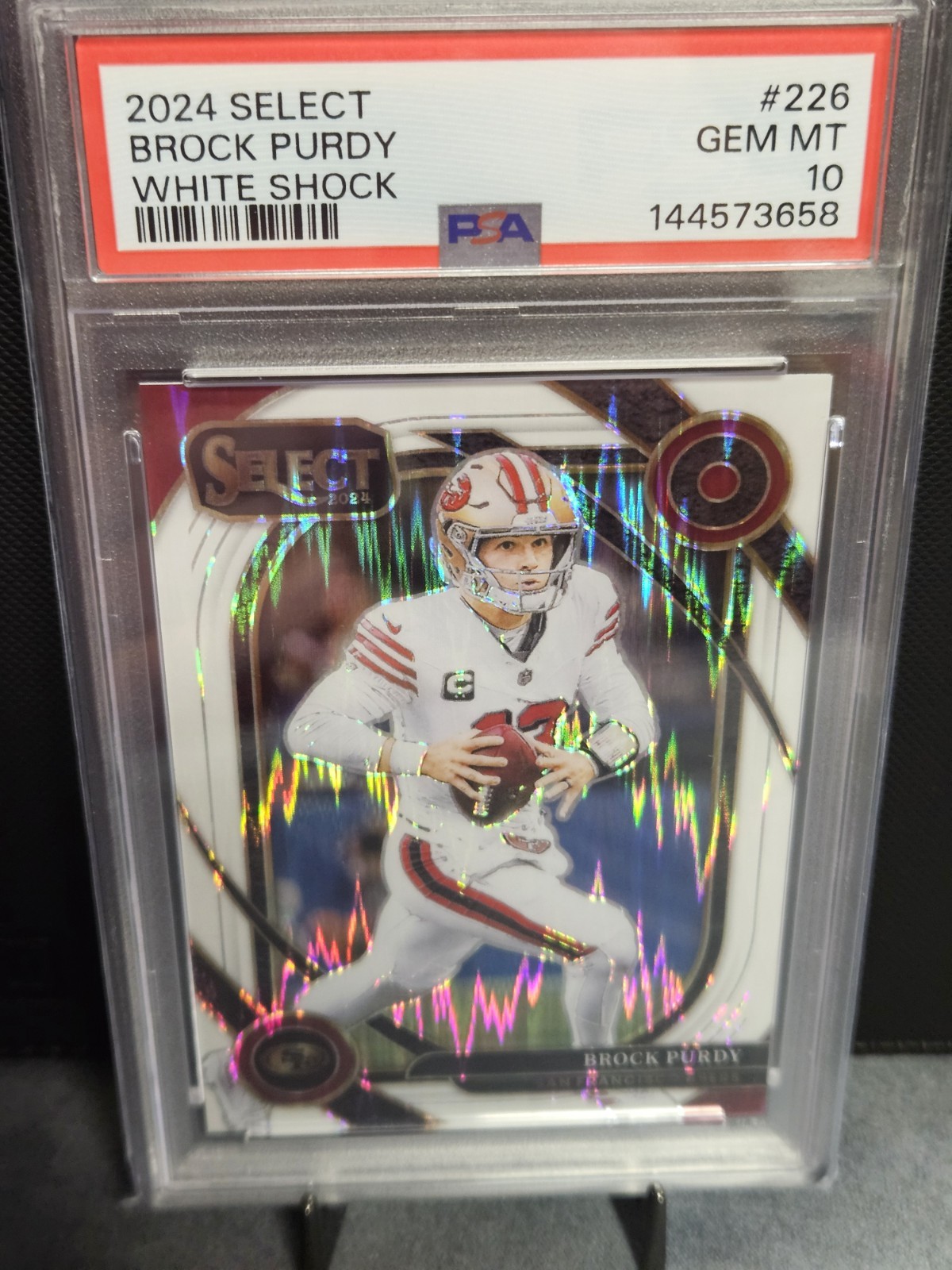 2024 Panini Select - Brock Purdy /199 PSA 10 White Shock Prizm Club Level #226 view 3