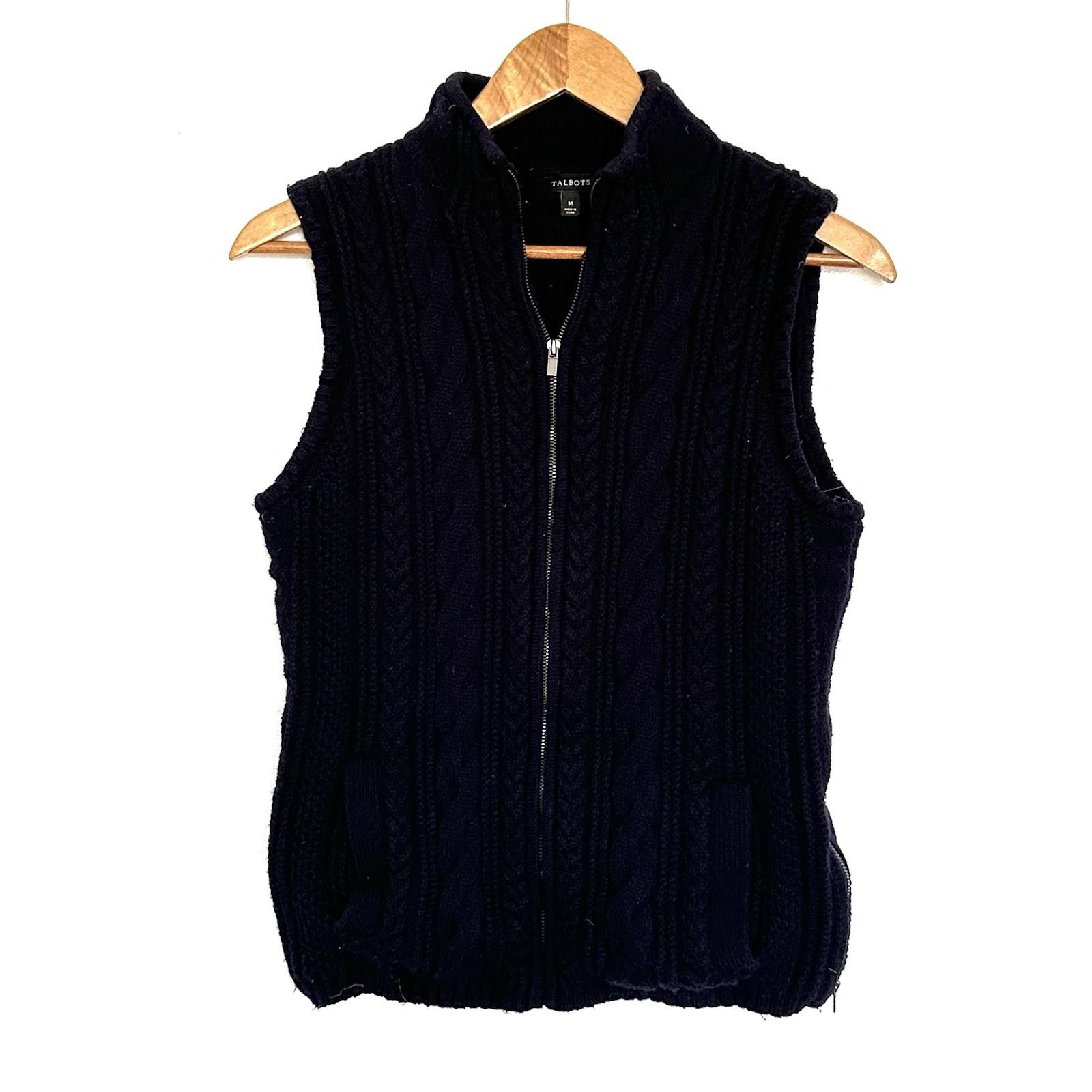 Talbots Sweater Vest Women’s Medium Navy Blue Full Zip Pockets Cable Knit