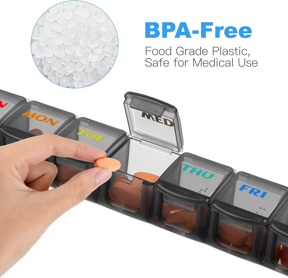 7-Day Pill Box Organizer with Large Compartments, Black and White, 2-Pack - Image 2 of 4