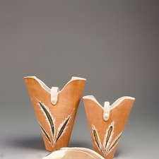 Hand-Painted Pottery Set 2 Vases & Basket Signed by Artist
