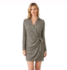 Beyond Words Black Beige Geometric Wrap Shirt Dress Size Medium Retro Mod Style