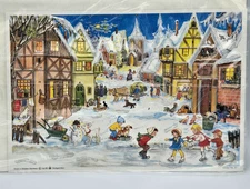West Germany Paper Advent Calendar Children Ice Skating Village Stuttgart 1960s