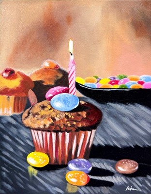 Schokolade Cup Cake Original Ölgemälde - Essen Süßigkeiten Künstler signiert Stillleben