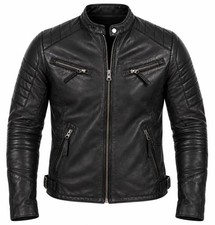 Men's Real Leather Cafe Racer Jacket Vintage Black Biker Slim Fit Motorcycle Coa
