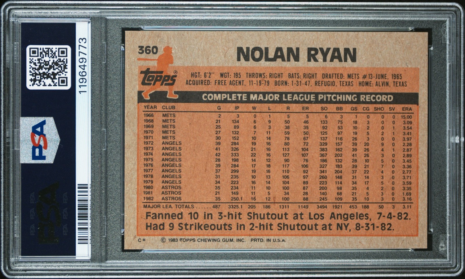 1983 Topps #360 Nolan Ryan HOF Autograph Auto PSA Authentic DNA 10 Astros view 2