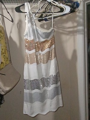 As U Wish One-Shoulder Sequin Striped Mini Dress White Gold Silver Size M