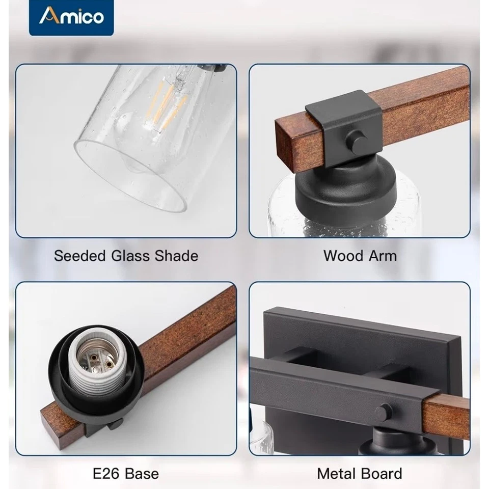 AMICO 3 Light Farmhouse Vanity Light Fixture Rustic Wood Industrial Wall Sconces - Image 3 of 4