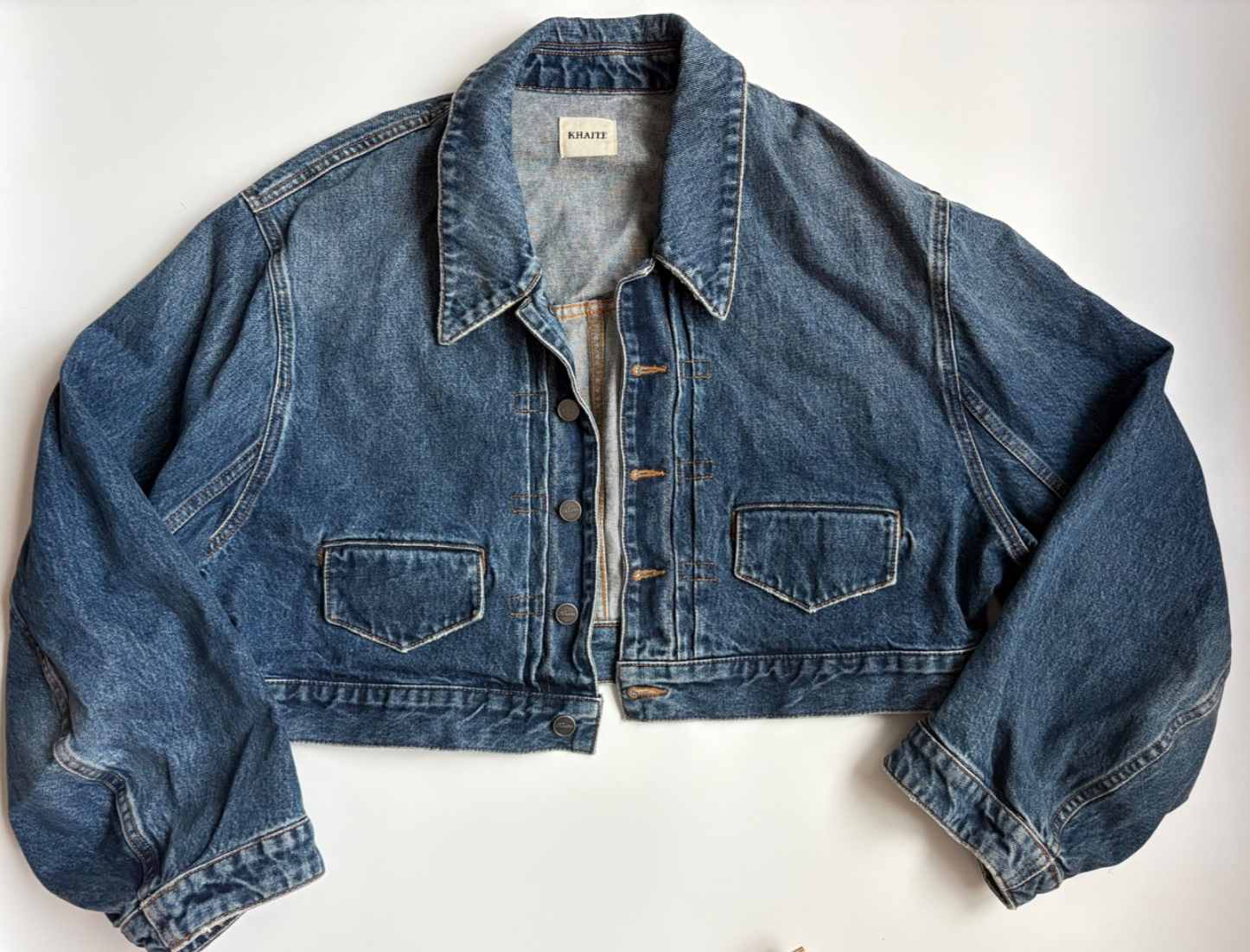 KHAITE The Pallenberg Denim Jacket Medium Light Blue Wash Distressed Oversized