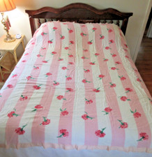 Vtg CHATHAM PURREY Blanket 68  x79  Pink Stripes Floral Carnations Cottagecore