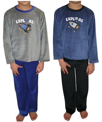 Kinder Samt Pyjama Set Explore Motiv Langarm 4 bis 12 Jahre Winter Warm Schlafanzug