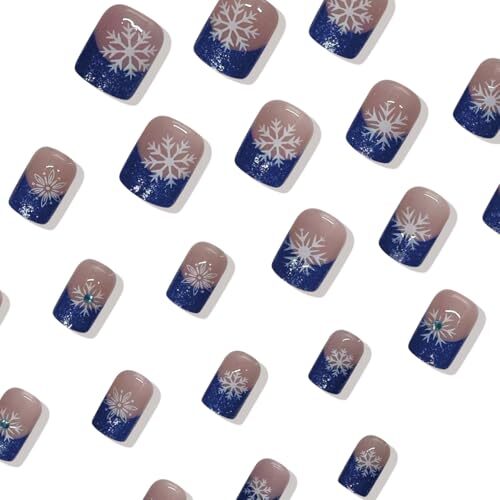 24Pcs Christmas Snowflake Press on Nails Short Square French Tips Fake Nails - Picture 5 of 7