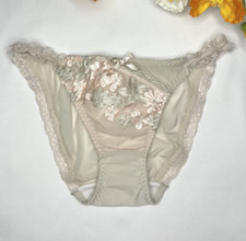 Vintage Pale Silky Nylon String Panty Floral Patch Hi Leg Sheer Briefs Sz.5