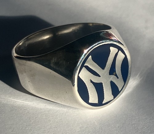 Anello Uomo New York Yankees Smalto Blu Sterling Taglia 11 Vintage 13,3 Grammi