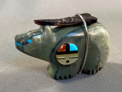 Zuni Carved Serpentine Bear Fetish w/ Offering & Sun Face by Darrin Boone, NEW
