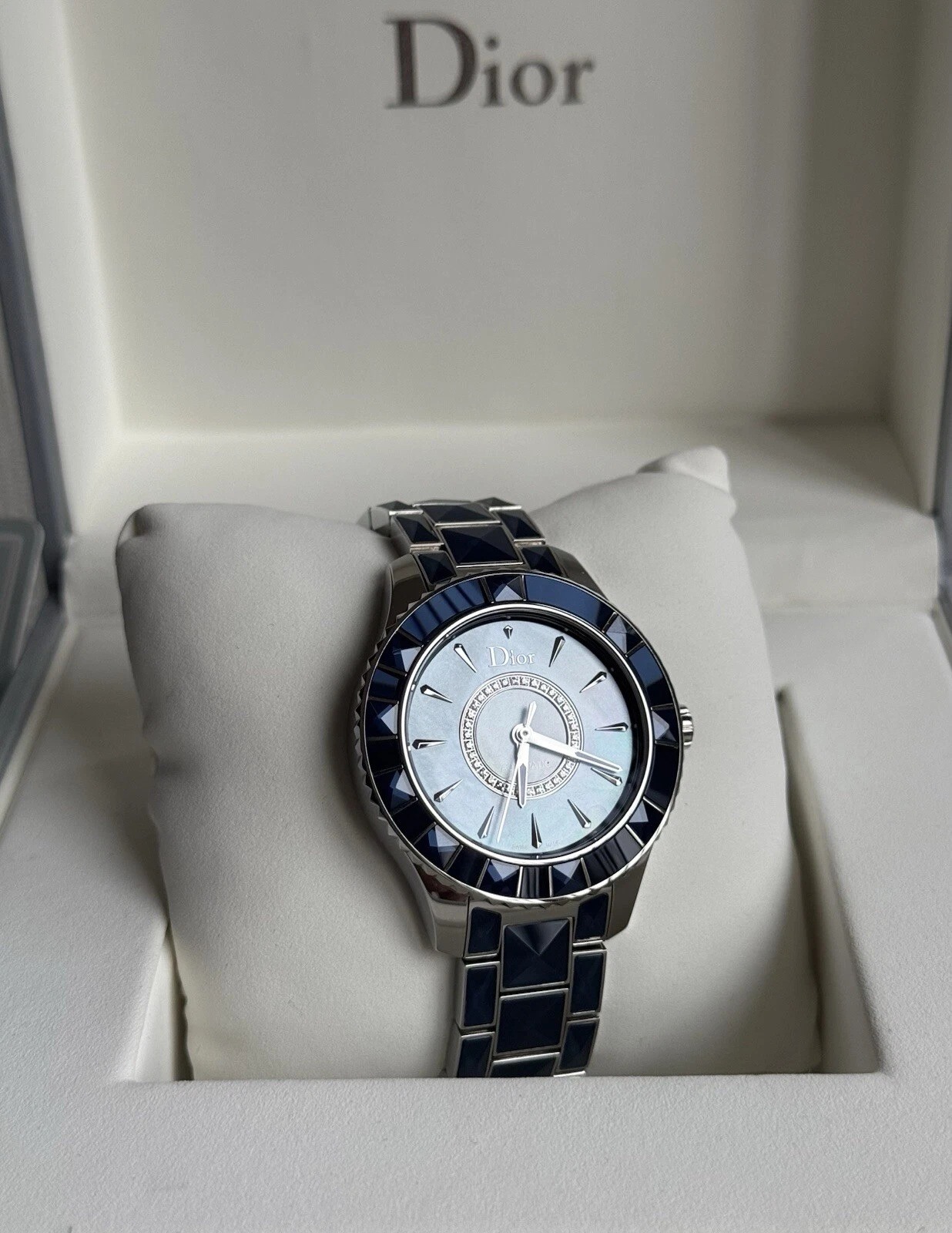 Montre automatique Christian Dior Christal acier cadran bleu diamant MOP   boîte + papiers