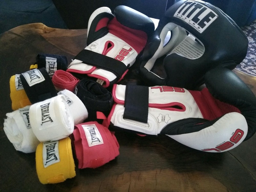 Boxing Helmet Title brand, Gloves Gel brand, & Wraps Everlast brand