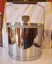 Vintage Mint 1960s Atapco Shiny Chrome Wood Handle/Top Knob Ice Bucket MCM USA