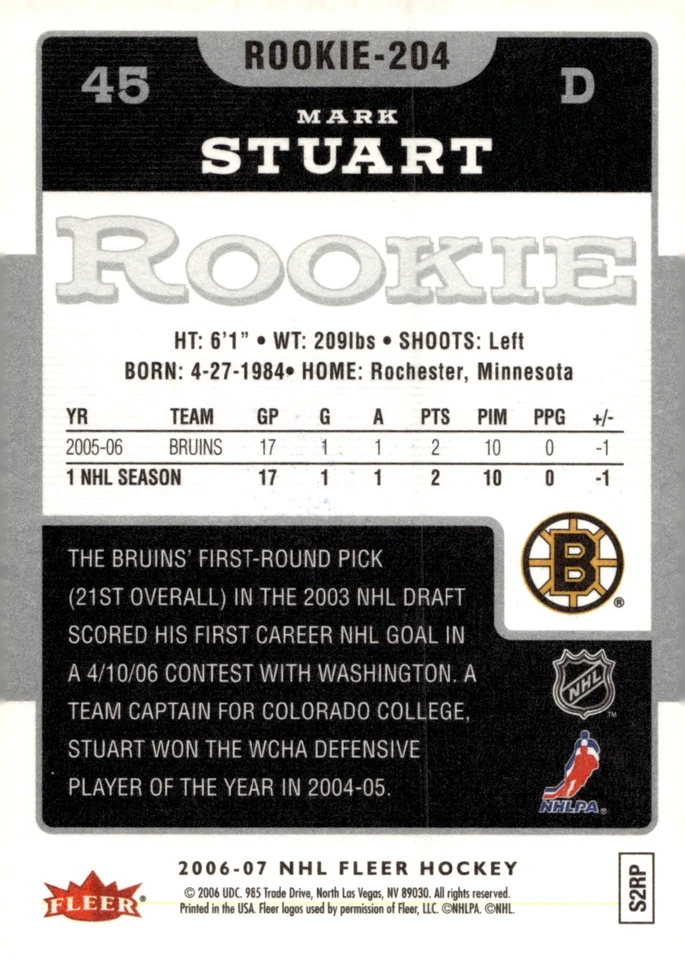 Mark Stuart - Signed 2006-07 NHL Fleer Rookie Card #204 - Image 2 of 2