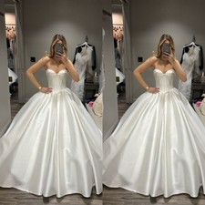Satin Wedding Dresses Strapless A Line Sweep Train White Ivory Bridal Gowns