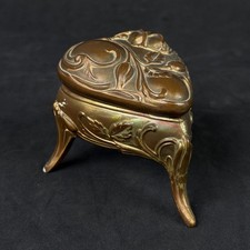 Vtg Art Nouveau Style Jewelry Trinket Box Cast Metal Heart Shaped Floral Design