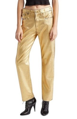 R13 Boyfriend Women Jeans 27 Gold Indigo Shiny Straight Zip Logo Denim *