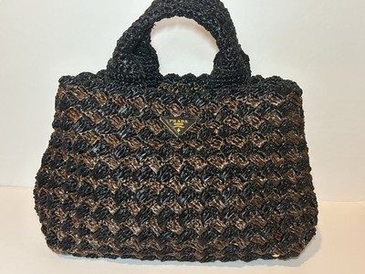 PRADA Black Brown Braided Woven Top Handle Bag Gold Hardware