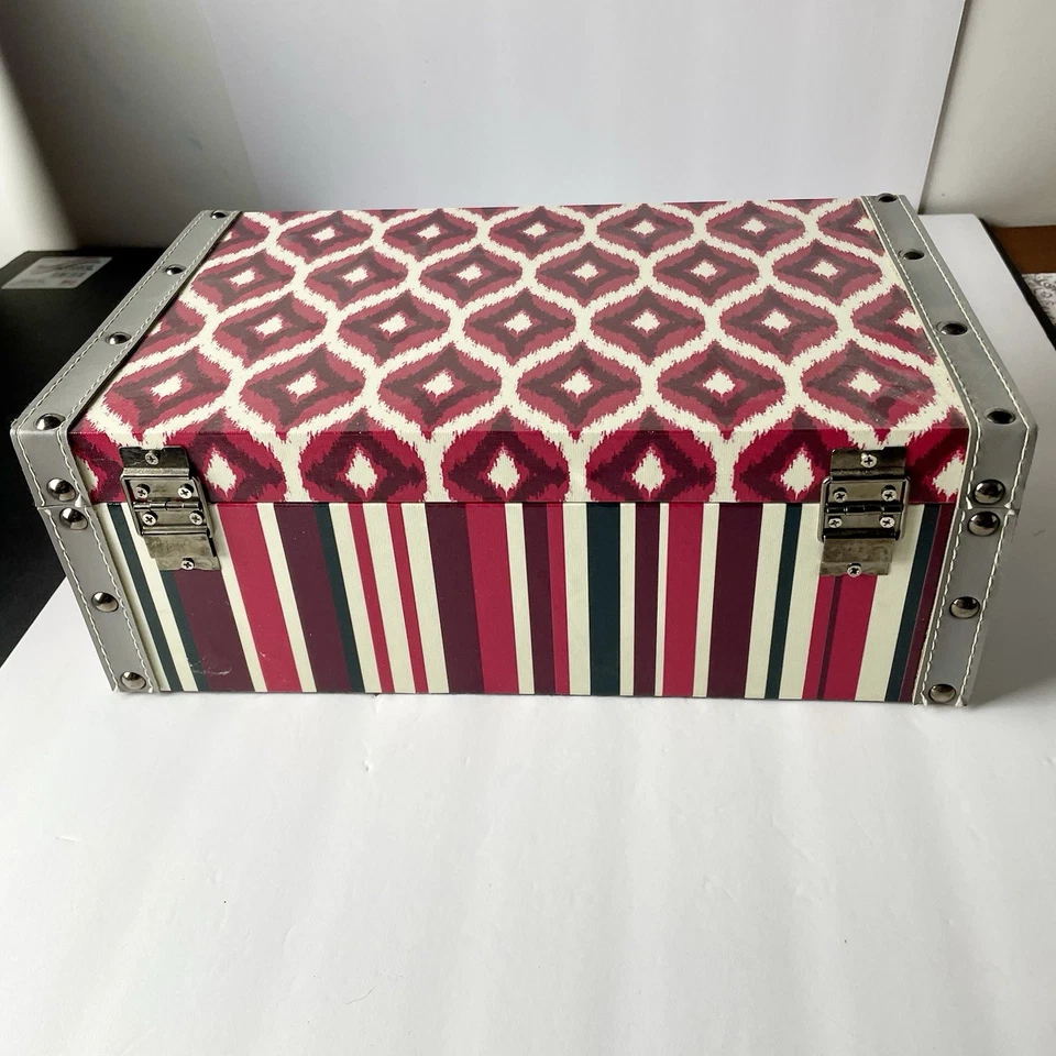 Craft Storage Box Chest Metal Latch Studs Side Handles Colorful Ikat Tabletop - Image 3 of 4