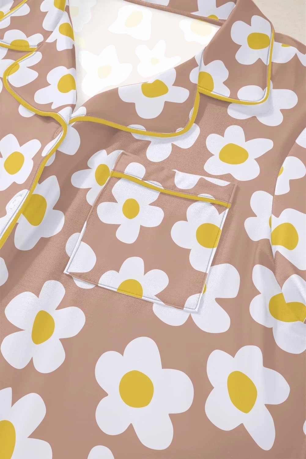 Womens Pajama Sets Brown White Flower Print Buttoned Drawstring Waist Lounge ...