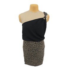 Belinda One Shoulder Leopard Animal Print Mini Dress Black Tan L Cocktail Party
