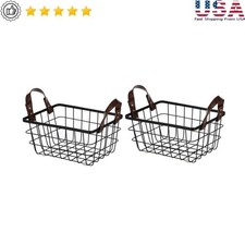 2-Pack Wire Basket Organizers W/ Faux Leather Handles Storage Bins Home Decor US