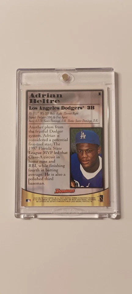 Autógrafo certificado Bowman de Adrian Beltre 1998 edición #1 novato radiocontrol azul en tarjeta Foto 2 de 2