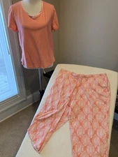Carole hochman pajamas set large l 100% cotton knit pink crop capri pockets