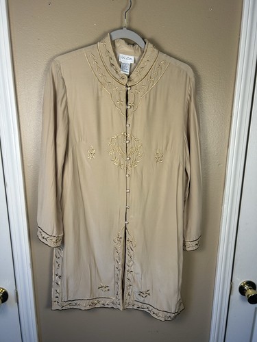 Yi Lin 100% Silk Tunic Top Women’s M Tan Embroidered Mandarin Collar