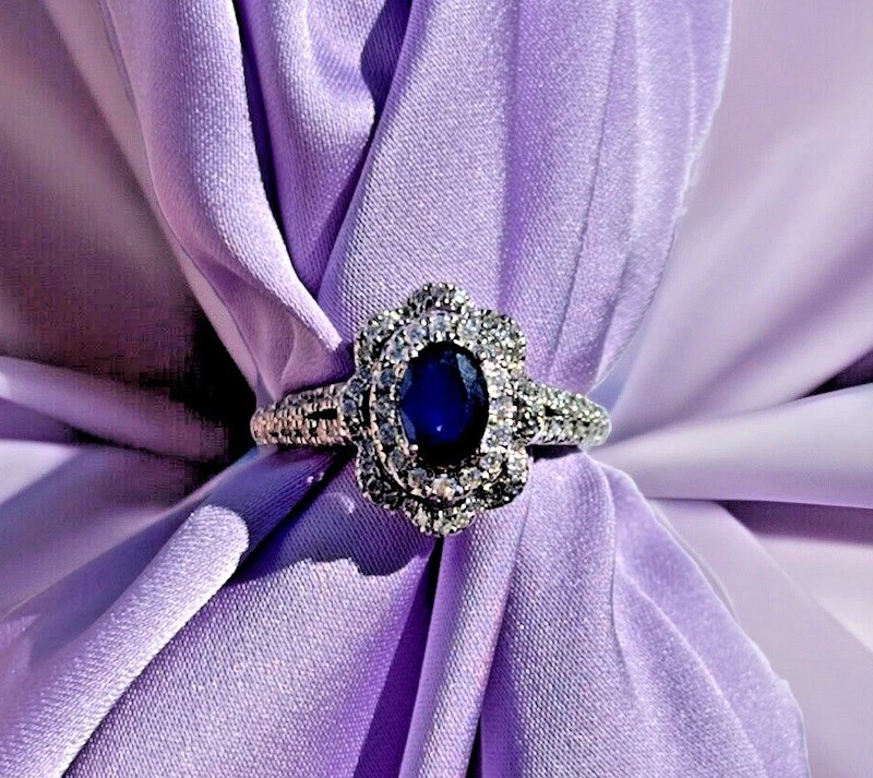 1CT Natural Blue Sapphire & Diamond Flower Ring 14K White Gold Vintage Style