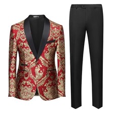 Men's Red Jacquard Paisley Floral Tuxedo Blazer Formal Party Prom Wedding Suit