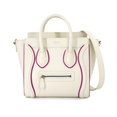 CELINE Luggage Nano Shopper Hand Shoulder Bag Leather White Pink 90310993