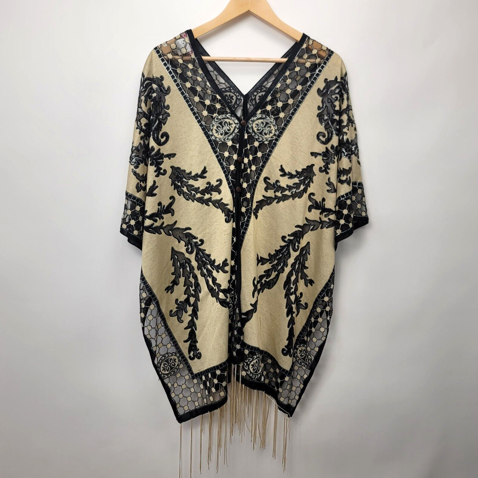 Kimono Top Womens One Size Cream Black Sheer Fringe Boho Hippie Western Artsy