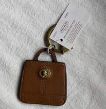 Coach Logo Bag Charm Key Chain Key Ring Brown Gold Leather Metal F54741