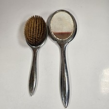 Vintage Vanity Hair Brush Hand Mirror Set Black Silver Tone Oval Art Deco Style