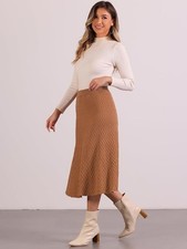 High Waist Autumn A-Line Stretchy Knit Long Sweater Skirt Camel S